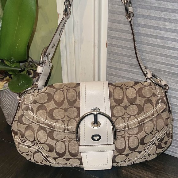 Coach M0669-10603 Vintage Tan Logo Jacquard Handbag White Leather Strap - Picture 1 of 4